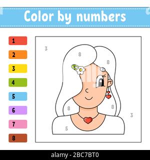 Color by numbers. Beautiful girl. Activity worksheet. Game for children. Cartoon character. Vector illustration. Stock Vector