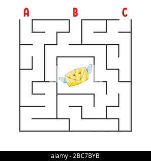 Square maze. Game for kids. Puzzle for children. Cartoon character envelope. Labyrinth conundrum. Color vector illustration. Find the right path. The Stock Vector