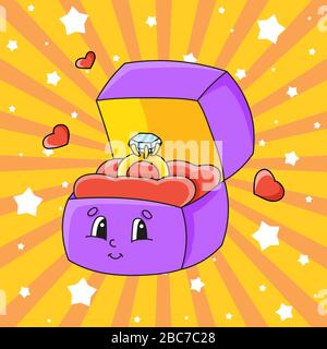 Open box with a gold ring. Cute cartoon character. Colorful vector illustration. Valentine's Day. Isolated on color background. Template for your desi Stock Vector