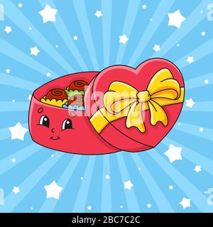 Open gift box with chocolates. Cute cartoon character. Colorful vector illustration. Isolated on color background. Template for your design. Stock Vector