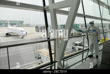 Wuhan, China. 03rd Apr, 2020. Wuhan, China. 03rd Apr, 2020. A firefighter conducts disinfection at the Wuhan Tianhe International Airport in Wuhan, central China's Hubei Province, April 3, 2020. Wuhan, the Chinese city hardest hit by the novel coronavirus outbreak, conducted disinfection Friday on the local airport as operations will soon resume on April 8 when the city lifts its travel restrictions. Credit: Xinhua/Alamy Live News