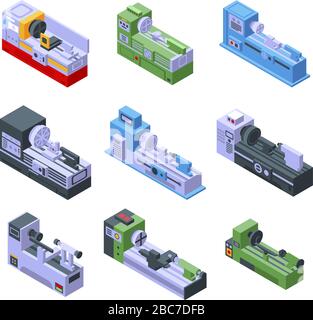 Lathe icons set, isometric style Stock Vector