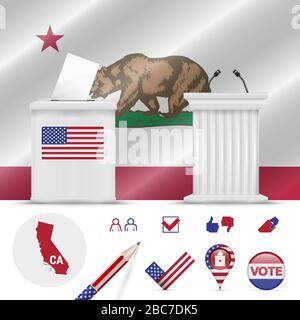 Presidential elections in California. Vector waving flag, realistic ballot box, public speaker's podium, silhouette map and voting icon set. Stock Vector