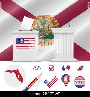 Presidential elections in Florida. Vector waving flag, realistic ballot box, public speaker's podium, silhouette map and voting icon set. Stock Vector