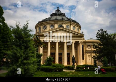 Detail view over the Romanian Athenaeum or Ateneul Roman, in the center of Bucharest Stock Photo