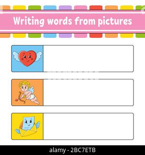 Writing words from pictures. Education developing worksheet. Heart, cupid, envelope. Activity page for kids. Puzzle for children. Isolated vector illu Stock Vector