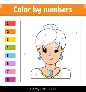 Color by numbers. Beautiful girl. Activity worksheet. Game for children. Cartoon character. Vector illustration. Stock Vector