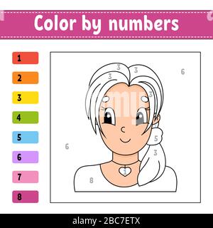 Color by numbers. Beautiful girl. Activity worksheet. Game for children. Cartoon character. Vector illustration. Stock Vector