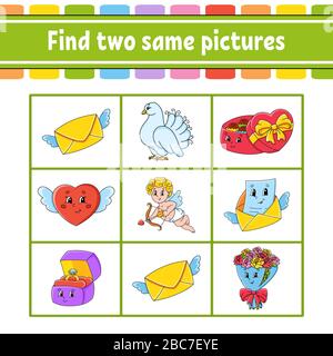 Find two same pictures. Task for kids. Education developing worksheet. Activity page. Color game for children. Funny character. Isolated vector illust Stock Vector