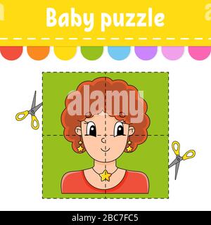 Baby puzzle. Easy level. Flash cards. Cut and play. Color activity worksheet. Game for children. Cartoon character. Stock Vector