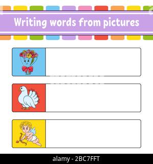 Writing words from pictures. Education developing worksheet. Bouquet, dove, cupid. Activity page for kids. Puzzle for children. Isolated vector illust Stock Vector