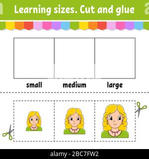 Learning sizes. Cut and glue. Easy level. Color activity worksheet. Game for children. Cartoon character. Vector illustration. Stock Vector