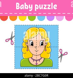 Baby puzzle. Easy level. Flash cards. Cut and play. Color activity worksheet. Game for children. Cartoon character. Stock Vector