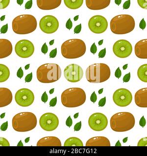 Seamless pattern with fresh whole and half kiwi fruit and leaves on white background. Summer fruits for healthy lifestyle. Organic fruit. Cartoon styl Stock Vector
