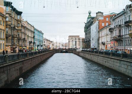 Saint Petersburg, Russia  October 21 2017: Griboyedov Canal or Kanal Griboyedova in the Center on Saint Petersburg Looking towards Nevsky Prospect on Stock Photo