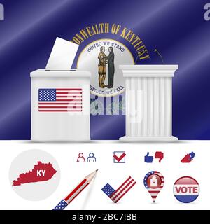 Presidential elections in Kentucky. Vector waving flag, realistic ballot box, public speaker's podium, silhouette map and voting icon set. Stock Vector