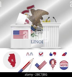 Presidential elections in Illinois. Vector waving flag, realistic ballot box, public speaker's podium, silhouette map and voting icon set. Stock Vector