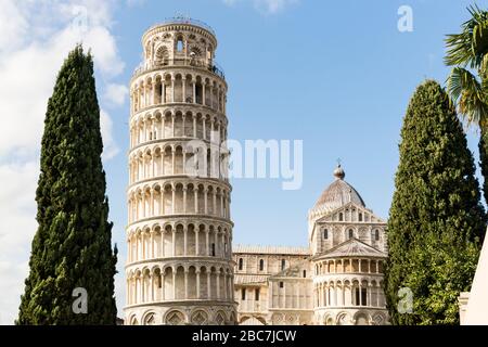 Beautiful Sights of Leaning Tower of Pisa in Piazza dei Miracoli , Tuscany Region, Italy.