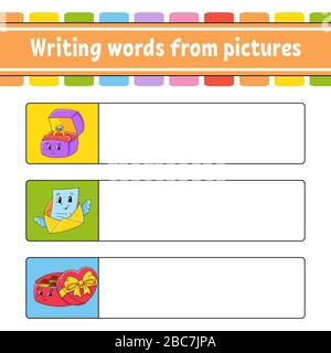 Writing words from pictures. Education developing worksheet. Ring box, envelope, candy box. Activity page for kids. Puzzle for children. Isolated vect Stock Vector