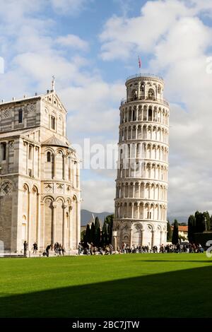 Beautiful Sights of Leaning Tower of Pisa in Piazza dei Miracoli , Tuscany Region, Italy.