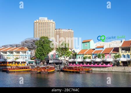 River cruise boats on Singapore River, Clarke Quay, Central Area, Singapore Stock Photo