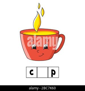 Words puzzle. Cup. Education developing worksheet. Learning game for kids. Color activity page. Puzzle for children. English for preschool. Vector ill Stock Vector