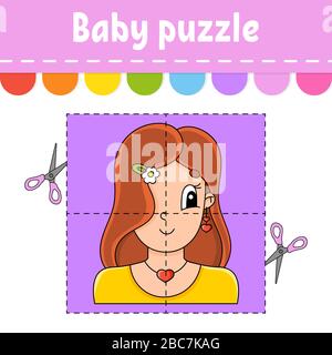 Baby puzzle. Easy level. Flash cards. Cut and play. Color activity worksheet. Game for children. Cartoon character. Stock Vector