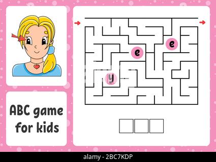 ABC maze for kids. Answer ear. Rectangle labyrinth. Activity worksheet. Puzzle for children. Cartoon style. Logical conundrum. Color vector illustrati Stock Vector