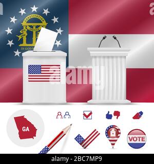 Presidential elections in Georgia. Vector waving flag, realistic ballot box, public speaker's podium, silhouette map and voting icon set. Stock Vector