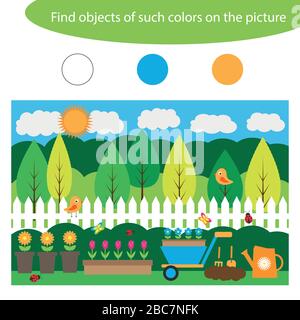 Find objects of same colors, garden game for children in cartoon style, education game for kids, preschool worksheet activity, task for the developmen Stock Vector