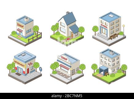 Collection of different isometric houses. Vector illustration with separate layers. Isolated on white background. Stock Vector