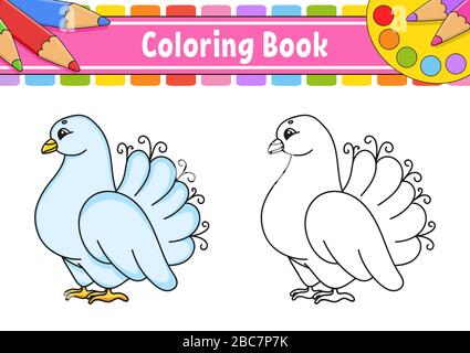 Coloring book for kids. Wedding white pigeon. Cartoon character. Vector illustration. Black contour silhouette. Isolated on white background. Stock Vector