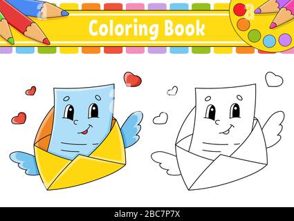 Coloring book for kids. Flying open envelope with wings and a letter. Cartoon character. Vector illustration. Black contour silhouette. Isolated on wh Stock Vector