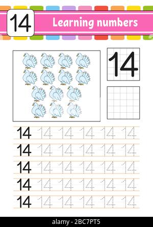 Number 14. Trace and write. Handwriting practice. Learning numbers for kids. Education developing worksheet. Activity page. Game for toddlers. Isolate Stock Vector