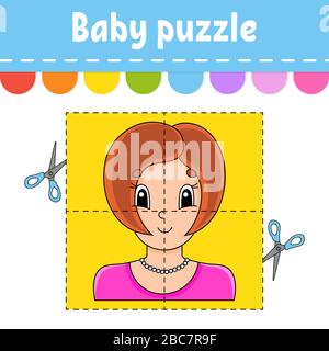 Baby puzzle. Easy level. Flash cards. Cut and play. Color activity worksheet. Game for children. Cartoon character. Stock Vector