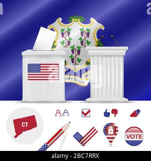 Presidential elections in Connecticut. Vector waving flag, realistic ballot box, public speaker's podium, silhouette map and voting icon set. Stock Vector