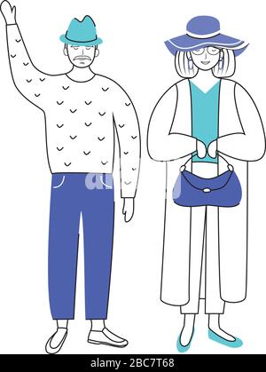 Retired people flat vector illustration. Senior age family. Elderly man waving. Old couple in outerwear. Pensioners isolated cartoon characters with o Stock Vector