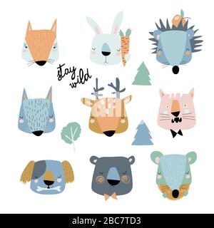 Set of cute animals heads on white background Stock Vector