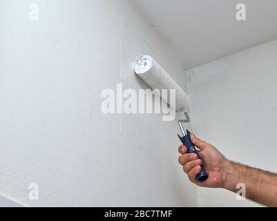 Man painting wall in white color with a roller Stock Photo