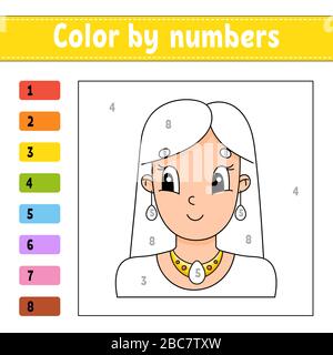 Color by numbers. Beautiful girl. Activity worksheet. Game for children. Cartoon character. Vector illustration. Stock Vector