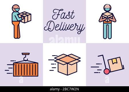 Fast delivery line and fill style icon set vector design Stock Vector
