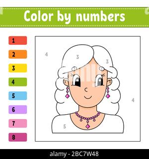 Color by numbers. Beautiful girl. Activity worksheet. Game for children. Cartoon character. Vector illustration. Stock Vector