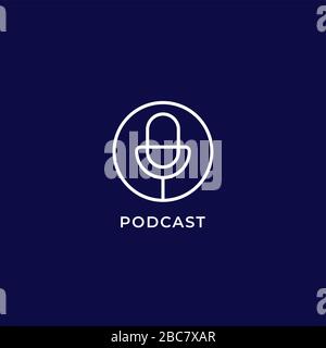 Podcast logo design template isolated on dark blue background. Outline logo style. Pictorial logotype. condenser microphone icon. Radio station. Stock Vector