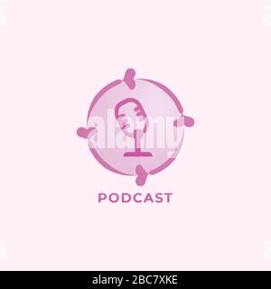 Girly Podcast logo design template isolated on soft pink background. Pinky condenser microphone illustration. Internet Broadcasting, Online Radio Stock Vector