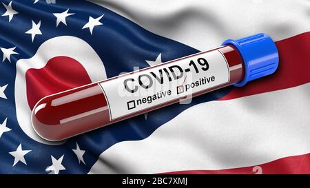 US state flag of Ohio waving in the wind with a positive Covid-19 blood test tube. Stock Photo