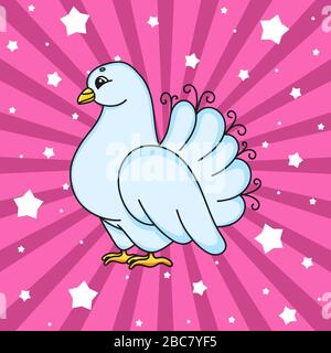 Wedding white pigeon. Cute cartoon character. Colorful vector illustration. Isolated on color background. Template for your design. Stock Vector