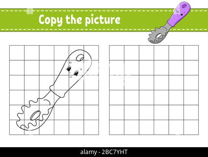 Copy the picture. Spaghetti spoon. Coloring book pages for kids. Education developing worksheet. Game for children. Handwriting practice. Catoon chara Stock Vector