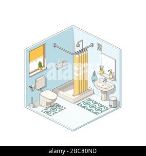 Isometric bathroom with furniture. Vector illustration with separate layers. Stock Vector