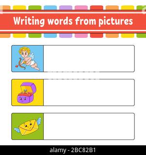 Writing words from pictures. Education developing worksheet. Cupid, ring box, envelope. Activity page for kids. Puzzle for children. Isolated vector i Stock Vector