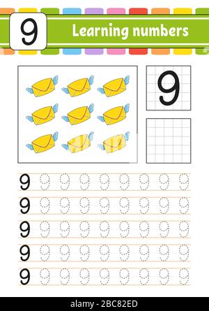 Number 9. Trace and write. Handwriting practice. Learning numbers for kids. Education developing worksheet. Activity page. Game for toddlers. Isolated Stock Vector